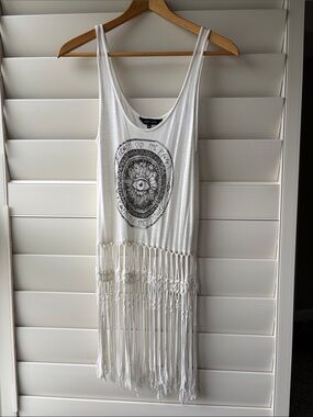 New Look White Fringe Tank Top with Black Graphic